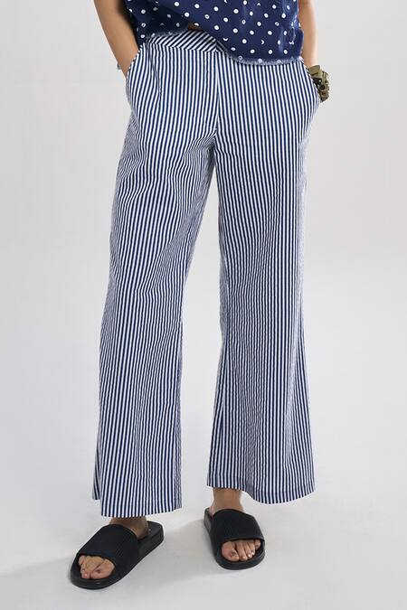 Terra Luna_Blue 100% Organic Handloom Cotton Print Striped Aurora Trouser _Online_at_Aza_Fashions