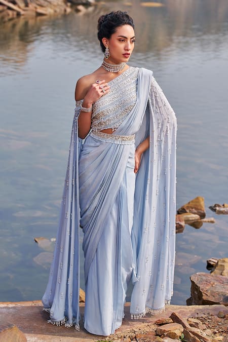 Buy_Nidhika Shekhar_Blue Crepe, Linen Sequins, Subh Jalsaa Pre-draped Saree Set With Cape _Online_at_Aza_Fashions