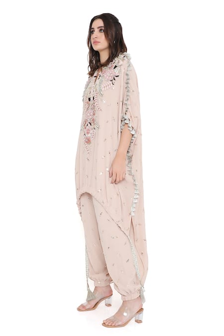 Shop_Payal Singhal_Pink Georgette Embroidered Mukaish V Neck Floral Kaftan And Jogger Set _Online_at_Aza_Fashions