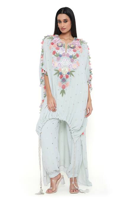 Payal Singhal_Blue Georgette Embroidered Mukaish V Neck Floral Tasseled Kaftan And Jogger Set_Online_at_Aza_Fashions