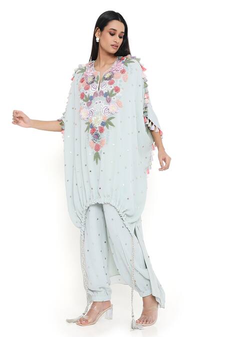 Buy_Payal Singhal_Blue Georgette Embroidered Mukaish V Neck Floral Tasseled Kaftan And Jogger Set_Online_at_Aza_Fashions