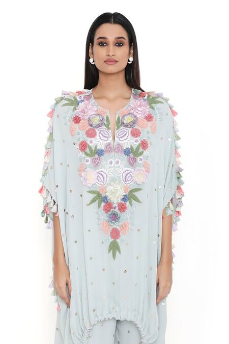 Shop_Payal Singhal_Blue Georgette Embroidered Mukaish V Neck Floral Tasseled Kaftan And Jogger Set_Online_at_Aza_Fashions