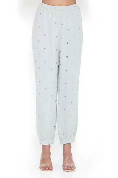 Payal Singhal_Blue Georgette Embroidered Mukaish V Neck Floral Tasseled Kaftan And Jogger Set_at_Aza_Fashions