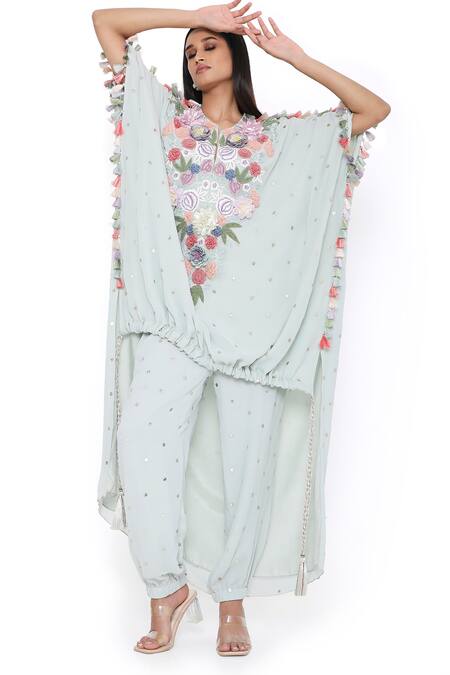 Buy_Payal Singhal_Blue Georgette Embroidered Mukaish V Neck Floral Tasseled Kaftan And Jogger Set