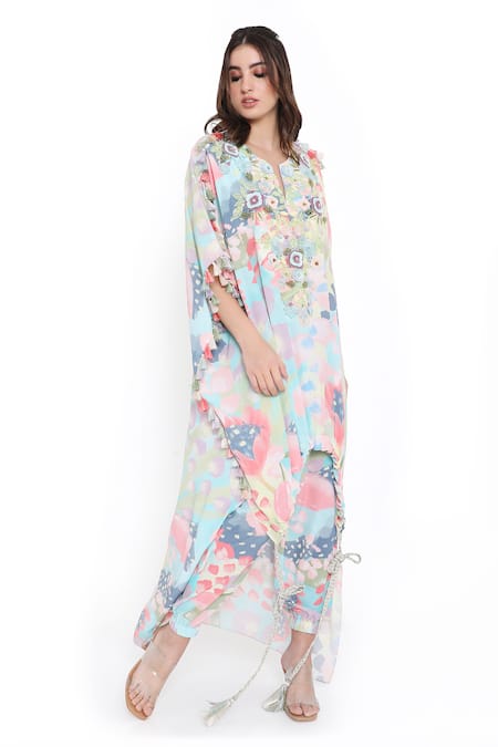 Buy_Payal Singhal_Multi Color Crepe Printed Floral Euphoria Embroidered Kaftan And Jogger Set _Online_at_Aza_Fashions