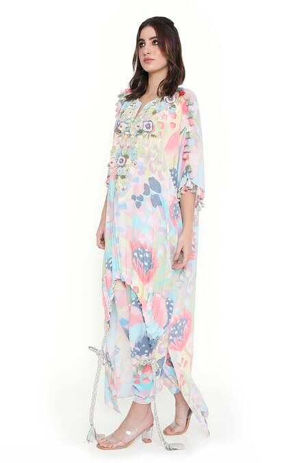 Shop_Payal Singhal_Multi Color Crepe Printed Floral Euphoria Embroidered Kaftan And Jogger Set _Online_at_Aza_Fashions
