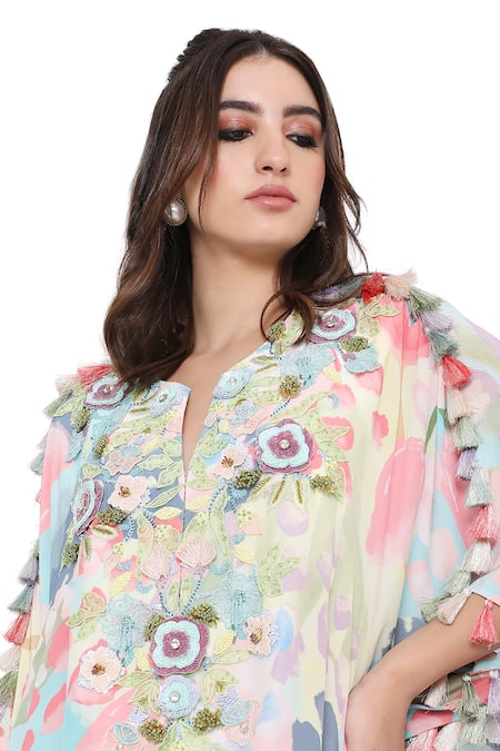 Payal Singhal_Multi Color Crepe Printed Floral Euphoria Embroidered Kaftan And Jogger Set _at_Aza_Fashions