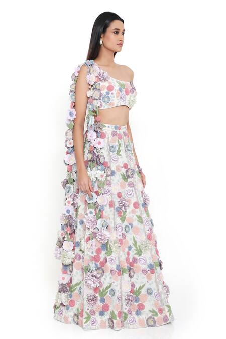 Shop_Payal Singhal_Off White Georgette Embroidered Floral Applique Work Blouse And Lehenga Set _Online_at_Aza_Fashions