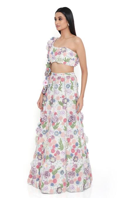 Payal Singhal_Off White Georgette Embroidered Floral Applique Work Blouse And Lehenga Set _at_Aza_Fashions