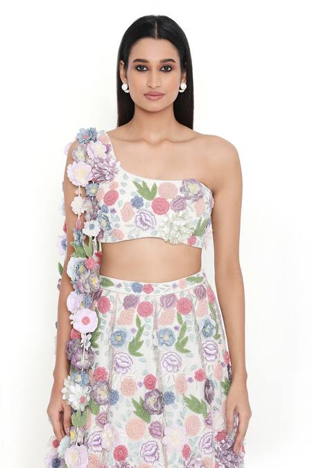 Buy_Payal Singhal_Off White Georgette Embroidered Floral Applique Work Blouse And Lehenga Set 