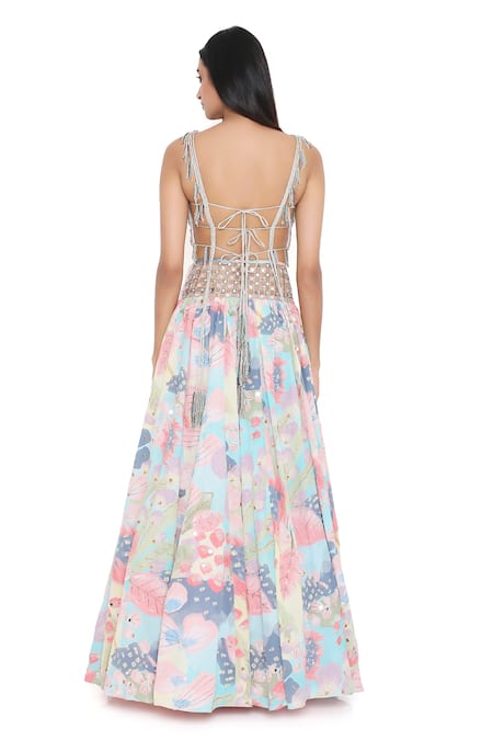 Payal Singhal_Multi Color Crepe Printed Floral V Neck Mirror Embroidered Lehenga Set _Online_at_Aza_Fashions