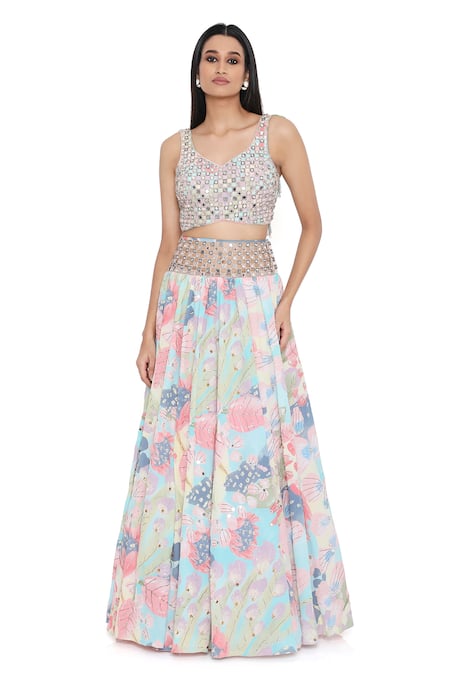 Buy_Payal Singhal_Multi Color Crepe Printed Floral V Neck Mirror Embroidered Lehenga Set _Online_at_Aza_Fashions