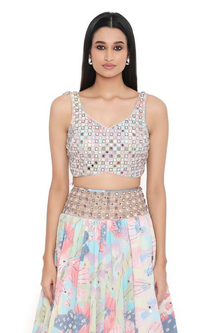 Payal Singhal_Multi Color Crepe Printed Floral V Neck Mirror Embroidered Lehenga Set _at_Aza_Fashions