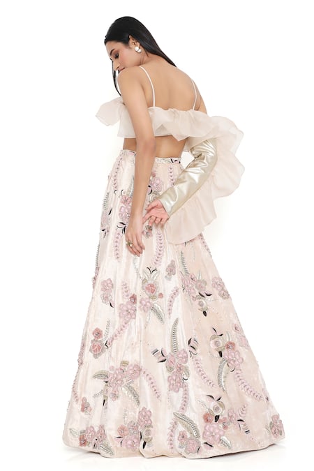 Shop Payal Singhal Gold Leather Embroidered Floral Applique Ruffled Vine Work Lehenga Set at Aza Fashions Shop_Payal Singhal_Gold Leather Embroidered Floral Applique Ruffled Vine Work Lehenga Set_at_Aza_Fashions