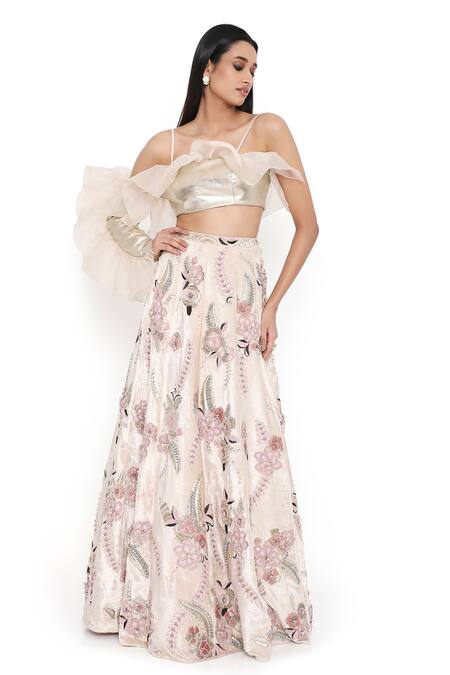 Payal Singhal Gold Leather Embroidered Floral Applique Ruffled Vine Work Lehenga Set Online at Aza Fashions Payal Singhal_Gold Leather Embroidered Floral Applique Ruffled Vine Work Lehenga Set_Online_at_Aza_Fashions
