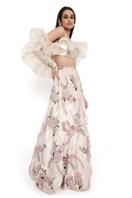 Buy Payal Singhal Gold Leather Embroidered Floral Applique Ruffled Vine Work Lehenga Set Online at Aza Fashions Buy_Payal Singhal_Gold Leather Embroidered Floral Applique Ruffled Vine Work Lehenga Set_Online_at_Aza_Fashions