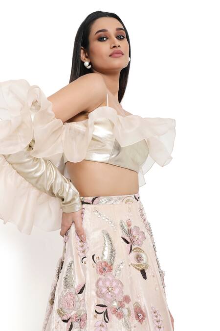 Shop Payal Singhal Gold Leather Embroidered Floral Applique Ruffled Vine Work Lehenga Set Online at Aza Fashions Shop_Payal Singhal_Gold Leather Embroidered Floral Applique Ruffled Vine Work Lehenga Set_Online_at_Aza_Fashions