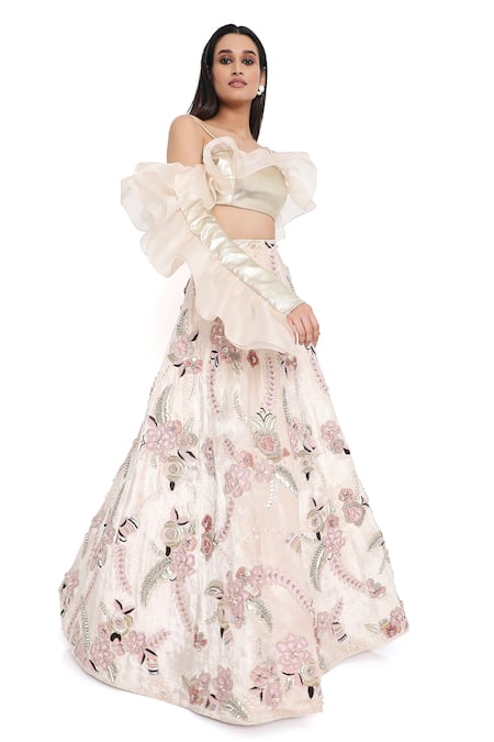 Buy Payal Singhal Gold Leather Embroidered Floral Applique Ruffled Vine Work Lehenga Set Buy_Payal Singhal_Gold Leather Embroidered Floral Applique Ruffled Vine Work Lehenga Set