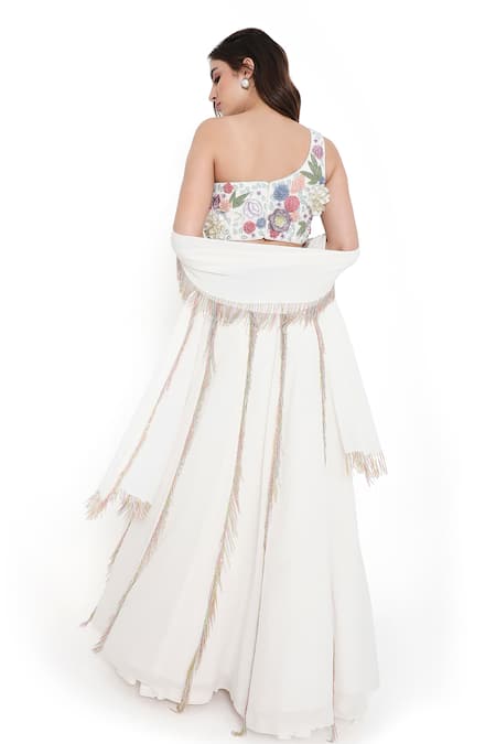 Payal Singhal_Off White Georgette Embroidered Floral Applique Tasseled Panelled Lehenga Set _Online_at_Aza_Fashions