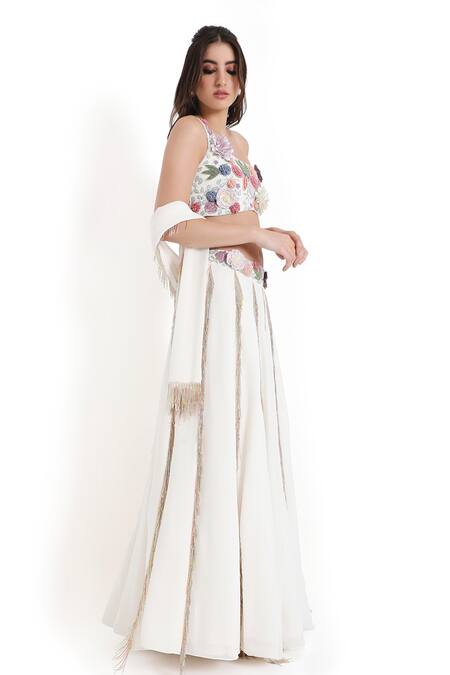 Buy_Payal Singhal_Off White Georgette Embroidered Floral Applique Tasseled Panelled Lehenga Set _Online_at_Aza_Fashions
