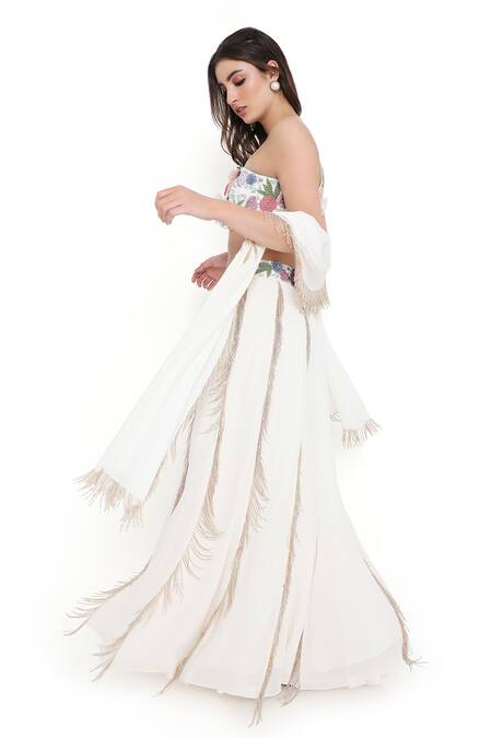 Shop_Payal Singhal_Off White Georgette Embroidered Floral Applique Tasseled Panelled Lehenga Set _Online_at_Aza_Fashions