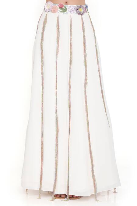 Buy_Payal Singhal_Off White Georgette Embroidered Floral Applique Tasseled Panelled Lehenga Set 