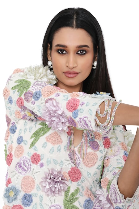 Shop_Payal Singhal_Off White Georgette Embroidered Floral Applique V Work Short Kurta And Pant Set _Online_at_Aza_Fashions