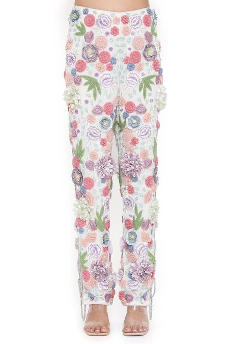 Payal Singhal_Off White Georgette Embroidered Floral Applique V Work Short Kurta And Pant Set _at_Aza_Fashions