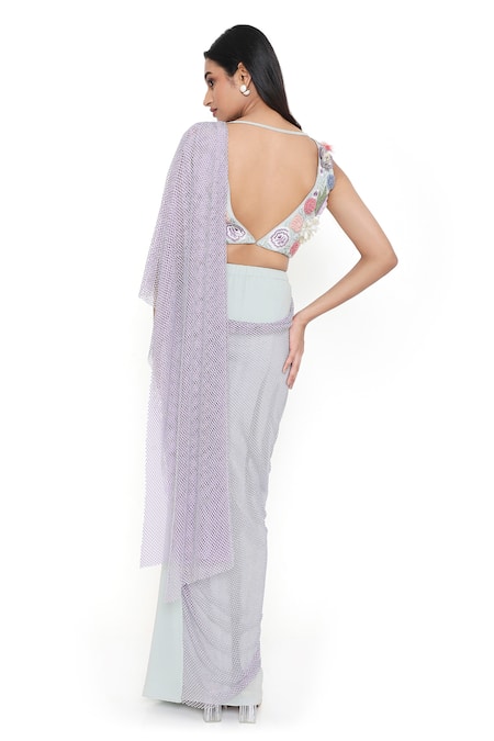 Payal Singhal_Blue Georgette Sweetheart Pre-draped Mesh Pallu Saree With Blouse _Online_at_Aza_Fashions