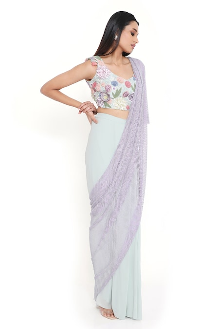 Shop_Payal Singhal_Blue Georgette Sweetheart Pre-draped Mesh Pallu Saree With Blouse _Online_at_Aza_Fashions