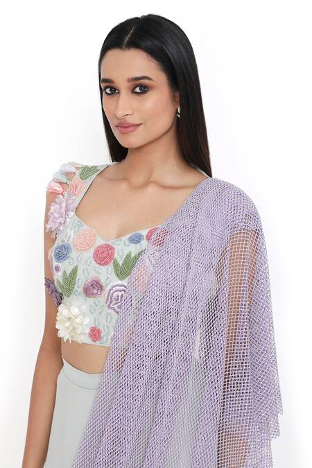 Buy_Payal Singhal_Blue Georgette Sweetheart Pre-draped Mesh Pallu Saree With Blouse 