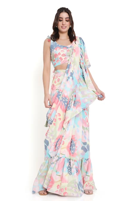 Buy_Payal Singhal_Multi Color Crepe Printed Floral Leaf Pre-draped Saree With Blouse _Online_at_Aza_Fashions