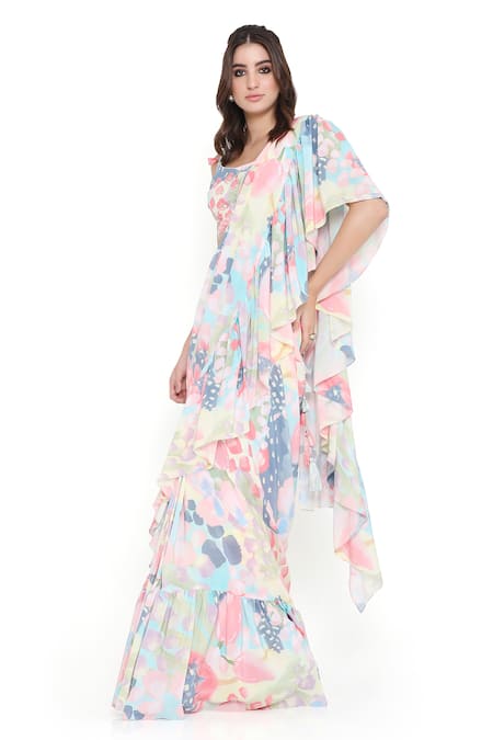 Shop_Payal Singhal_Multi Color Crepe Printed Floral Leaf Pre-draped Saree With Blouse _Online_at_Aza_Fashions