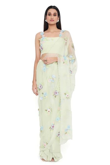 Payal Singhal Green Crepe Embroidered Floral Work Pre-draped Saree With Blouse 