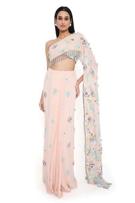 Payal Singhal Pink Georgette Embroidered Floral Applique Straight Work Skirt Set 