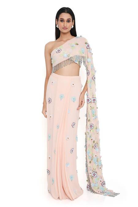 Payal Singhal_Pink Georgette Embroidered Floral Applique Straight Work Skirt Set_Online_at_Aza_Fashions