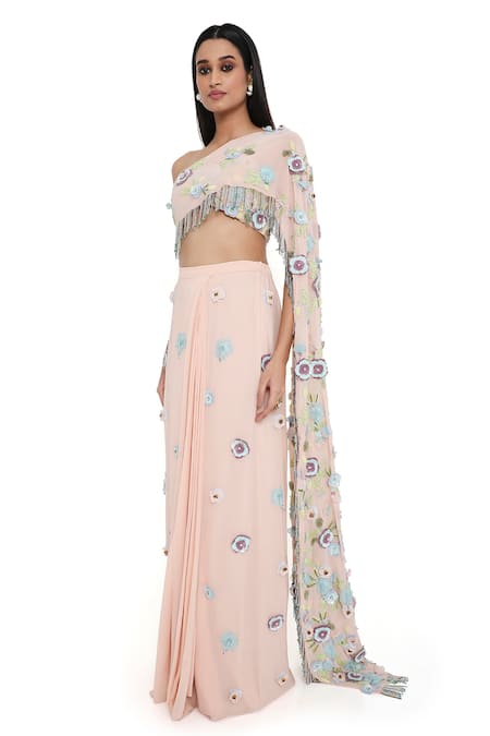 Buy_Payal Singhal_Pink Georgette Embroidered Floral Applique Straight Work Skirt Set_Online_at_Aza_Fashions