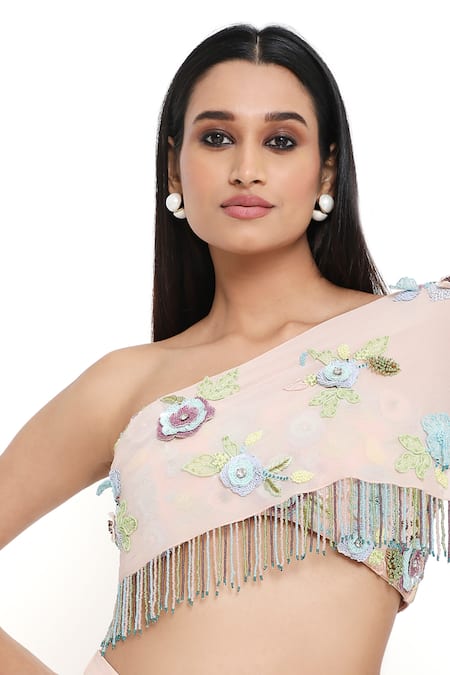 Shop_Payal Singhal_Pink Georgette Embroidered Floral Applique Straight Work Skirt Set_Online_at_Aza_Fashions