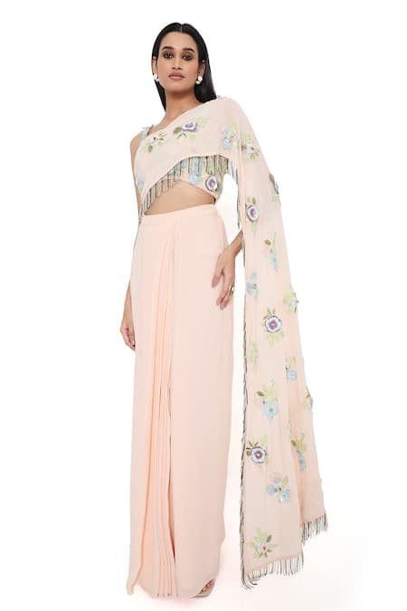 Payal Singhal Off Shoulder Embroidered Blouse & Draped Skirt Set 