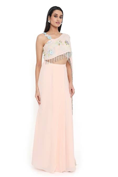 Payal Singhal_Peach Georgette Embroidered Floral Off Shoulder Blouse And Draped Skirt Set_Online_at_Aza_Fashions