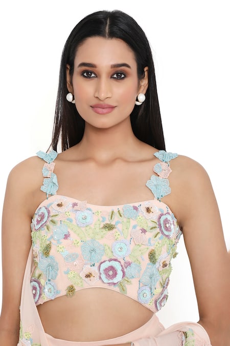 Shop_Payal Singhal_Peach Georgette Embroidered Floral Off Shoulder Blouse And Draped Skirt Set_Online_at_Aza_Fashions