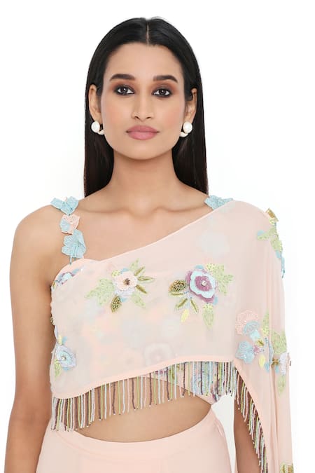 Payal Singhal_Peach Georgette Embroidered Floral Off Shoulder Blouse And Draped Skirt Set_at_Aza_Fashions