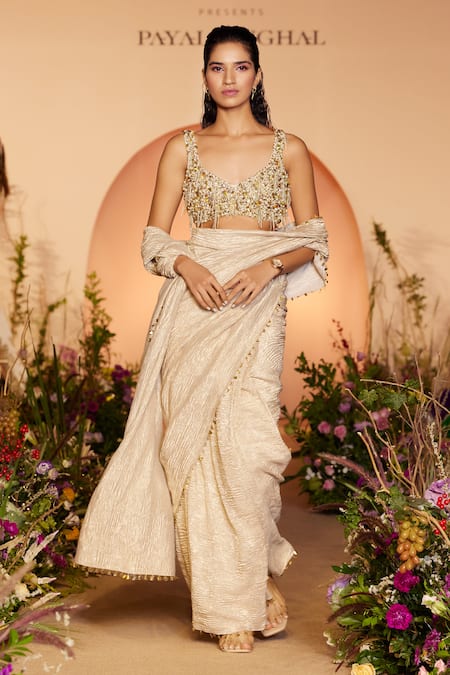 Payal Singhal Off White Georgette Sweetheart Tissue Saree With Embellished Blouse 