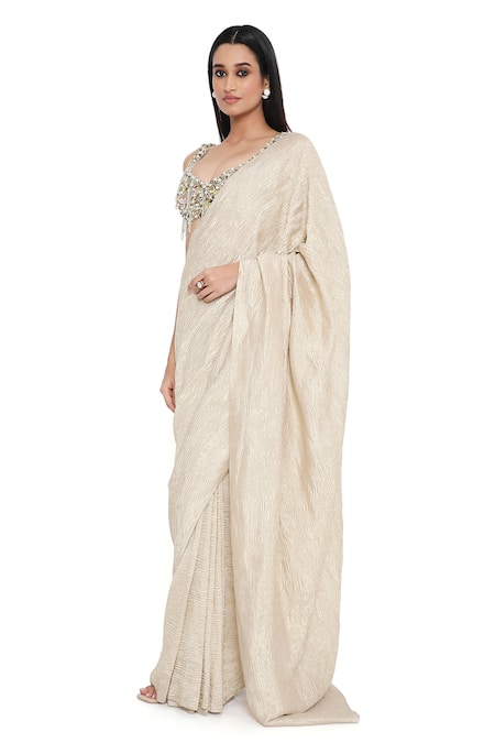 Payal Singhal_Off White Georgette Sweetheart Tissue Saree With Embellished Blouse _at_Aza_Fashions