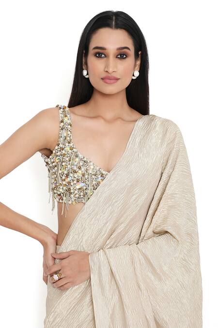 Buy_Payal Singhal_Off White Georgette Sweetheart Tissue Saree With Embellished Blouse 