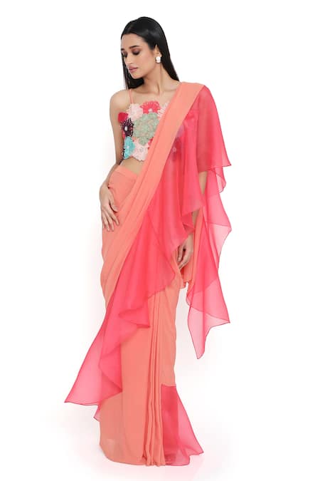 Payal Singhal Peach Georgette Color Block Ruffle Pre-draped Saree With Blouse 
