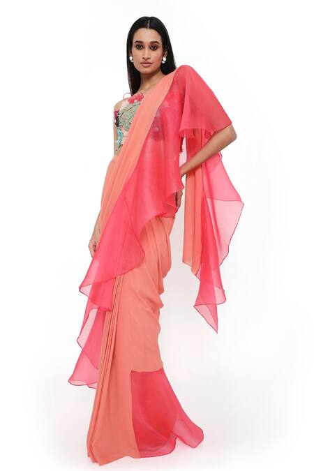 Buy_Payal Singhal_Peach Georgette Embroidered Color Block Ruffle Pre-draped Saree With Blouse _Online_at_Aza_Fashions