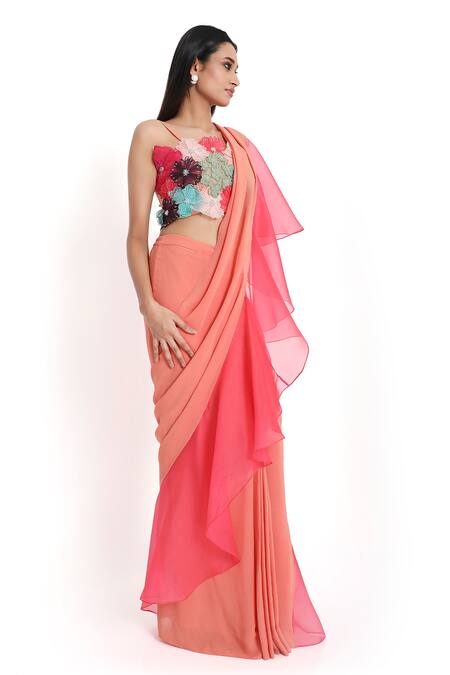 Shop_Payal Singhal_Peach Georgette Embroidered Color Block Ruffle Pre-draped Saree With Blouse _Online_at_Aza_Fashions