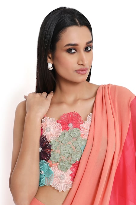 Payal Singhal_Peach Georgette Embroidered Color Block Ruffle Pre-draped Saree With Blouse _at_Aza_Fashions