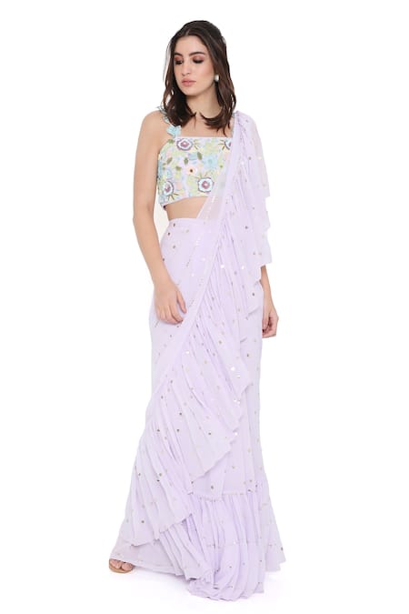 Payal Singhal Pre-Draped Mukaish Work Ruffled Saree With Blouse 